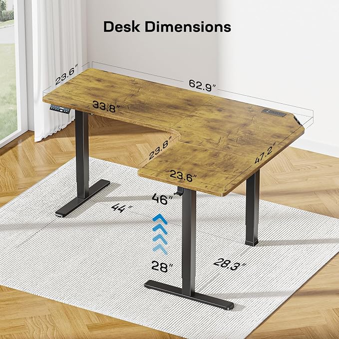 HUANUO 63″ L-Shaped Standing Desk, Built-in Power Outlets, Vintage Brown | Smooth Electric Height Adjustment, 3 Memory Presets, Sturdy Steel Frame, 220 lbs Capacity, Large Power Strip Holder