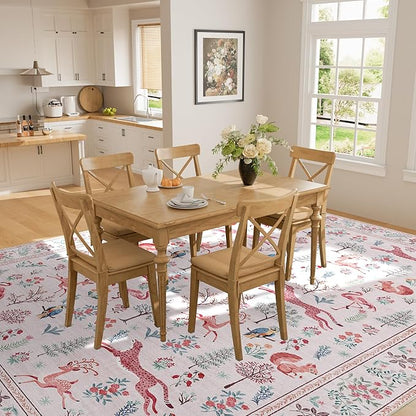 DUKINO 8x10 Rug, Washable Animal Living Room Rug with Non Slip Vintage Design, Soft Low Pile Large Carpet for Bedroom, Nursery, Dining Room, Farmhouse, Playroom, Pink