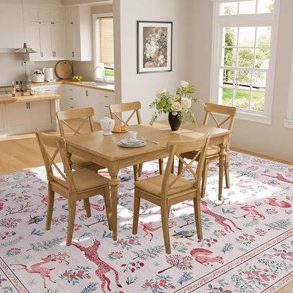 DUKINO 6x9 Rug, Washable Animal Living Room Rug with Non Slip Vintage Design, Soft Low Pile Large Carpet for Bedroom, Nursery, Dining Room, Farmhouse, Playroom, Pink