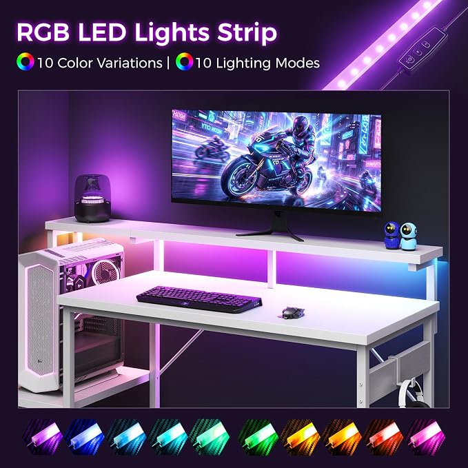 AODK 48 Inch Gaming Desk with LED Lights, Computer Desk with Storage Shelves, Reversible Desk with Monitor Stand, White