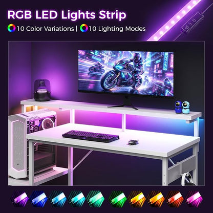 AODK 48 Inch Gaming Desk with LED Lights, Computer Desk with Storage Shelves, Reversible Desk with Monitor Stand, White