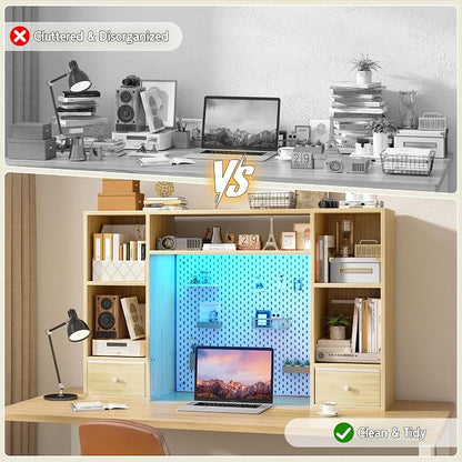REIBII Desktop Bookshelf with LED Lights,47.2" Desktop Organizer with 6 Shelves and 2 Drawers for Top of Desk,Multipurpose Desk Hutch Dorm with Adjustable Shelves for Home and Office,Natural