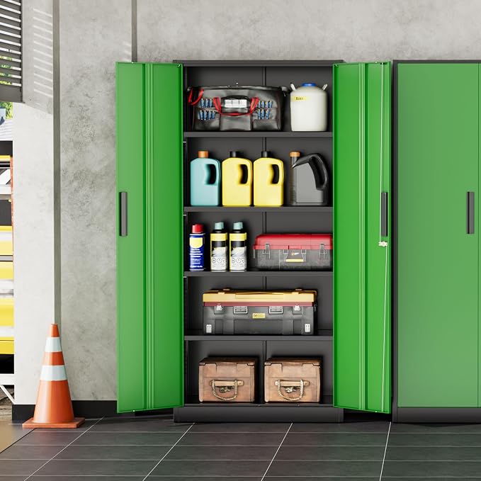 INTERGREAT Storage Cabinet with Doors and Shelves, Metal Garage Storage Cabinets with Lock, Black Lockable Steel Supply Cabinet for Home Office, Warehouse (Black Green)