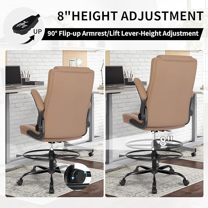 Misolant Drafting Chair, Tall Office Chair for Standing Desk, Standing Chair with Adjustable Height and Flip-up Armrest, Leather Drafting Chair, High Office Chair for Counter Height Desk