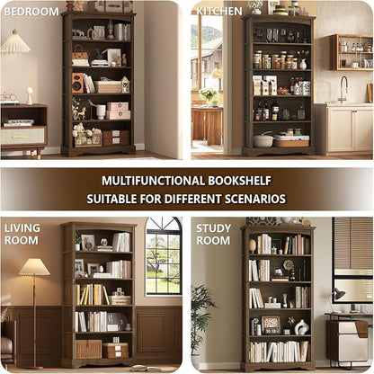 TVU 5-Tier Wooden Bookshelf, 31.5" W x 65" H ×9.9" D Bookshelf with Storage, Floor Standing Modern Style Display Bookcase for Living Room, Office, Study Room, Entryway, Brown