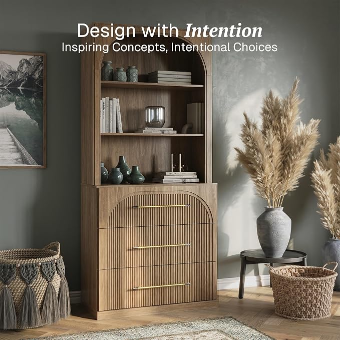 BELLEZE Tall Arched Storage Cabinet with Hutch and Drawers, Modern Bookcase with Display Open Shelves, Wood Highboard for Living Room, Kitchen Pantry and Home Office - Camel
