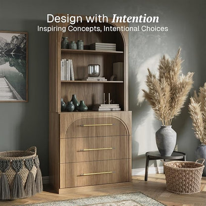 BELLEZE Tall Arched Storage Cabinet with Hutch and Drawers, Modern Bookcase with Display Open Shelves, Wood Highboard for Living Room, Kitchen Pantry and Home Office - Camel