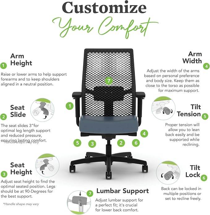 HON Ignition 2.0 ReActiv Ergonomic Office Chair, Mesh Desk Chair with Lumbar Support, Advanced Synchro‑Tilt, Height and Width Adjustable Arms, Swivel Wheels, Black Frame, Nimbus