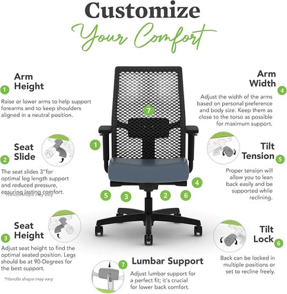 HON Ignition 2.0 ReActiv Ergonomic Office Chair, Mesh Desk Chair with Lumbar Support, Advanced Synchro‑Tilt, Height and Width Adjustable Arms, Swivel Wheels, Black Frame, Nimbus