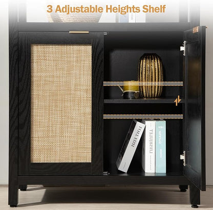SICOTAS Bookshelf 5 Tier Book Shelf Rattan Boho 71" Tall Bookcase with Doors Storage Shelves Large Bookshelves Farmhouse Bookcases Library Book Case for Living Room Bedroom Home Office Kitchen