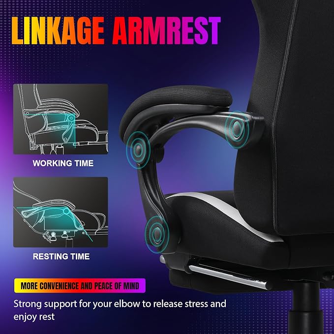 GTPLAYER RGB Gaming Chair with Footrest, LED Lights, Ergonomic Computer Chair with Linkage Armrest, Breathable Fabric for Home Office Desk - Video Game Chairs for Adults, Dim RGB