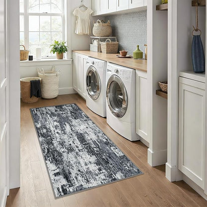 RELEANY Washable Area Rugs 3x6 Non-Slip Modern Abstract Soft for Living Room Entryway Bedroom Kitchen, Print Pattern, Black Navy Blue Gray