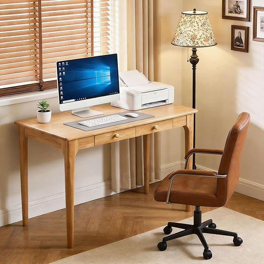 40" Solid Wood Desk with Drawers,Mid Century Modern Natural Real Wood Writing Desk,Home Bedroom Computer Office Workstation Desks,Small Spaces,Wood Color