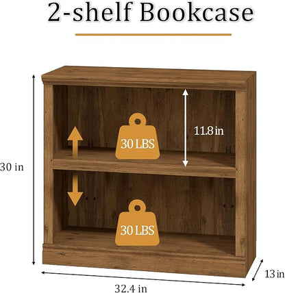 blini Wooden Bookshelf and Bookcase 2 Shelf Double Wide Large Bookshelves Vintage Oak Bookshelf Low Horizontal Book Case for Living Room, Home Office, Library (Vintage Oak, 2-Shelf)