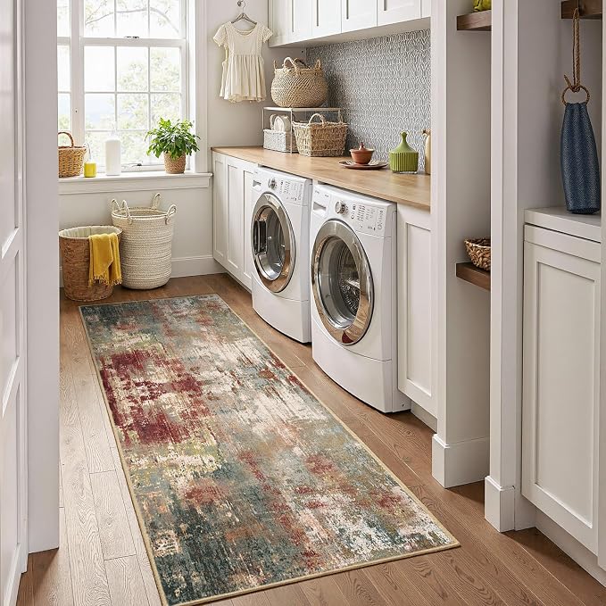 RELEANY Washable Area Rugs 2'x8' Non-Slip Modern Abstract Soft for Living Room Entryway Bedroom Kitchen, Print Pattern, Brown Rust Red Green Blue Multi