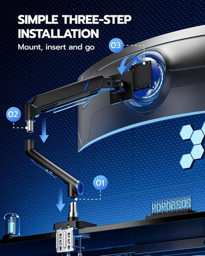 ARES WING Monitor Arm for 17-49 Inch, Ultrawide Single Monitor Mount Holds up to 44lbs, Heavy Duty Mechanical Spring Monitor Stand Adjustable Arms, 75/100 VESA Mount with Clamp/Grommet Base, Black
