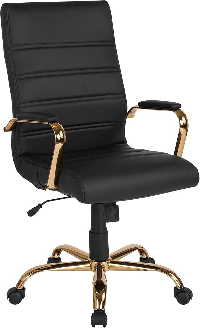 Merrick Lane Milano Contemporary High-Back Black Faux Leather Home Office Chair with Padded Gold Arms