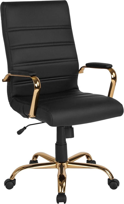 Merrick Lane Milano Contemporary High-Back Black Faux Leather Home Office Chair with Padded Gold Arms