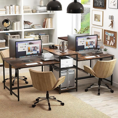 Tangkula 97" Extra Long 2-Person Computer Desk with Power Outlet, Home Office Computer Workstation with Printer Stand, Metal Mesh Shelf & CPU Stand, Double Gaming Table (Rustic Brown)