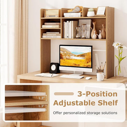 GOFLAME 6 Shelves Desktop Bookshelf, 37” Desk Hutch Dorm for Computer Monitor Up to 32”, 3-Tier Countertop Display Rack, Wood Desk Storage Organizer Shelf for Home Office, Study, Natural