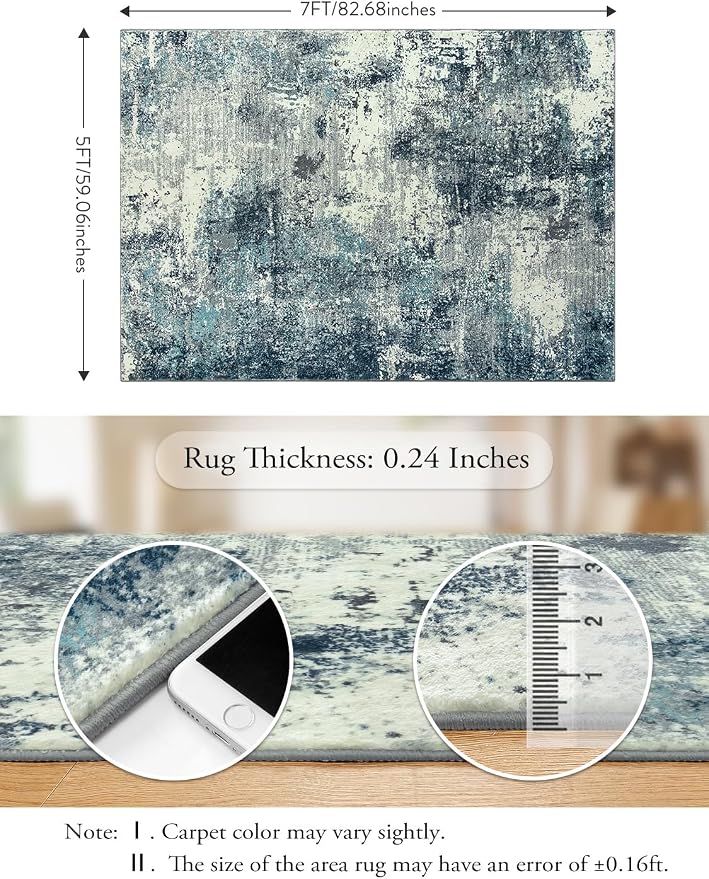 Lahome Abstract 5x7 Area Rugs for Living Room, Machine Washable Ultra Thin Bedroom Rug Non-Slip, Low-Pile Soft Modern Blue Grey Indoor Large Floor Carpet for Office Dining Room Playroom