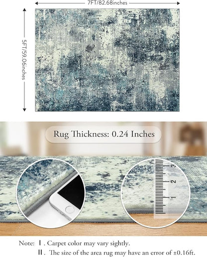 Lahome Abstract 5x7 Area Rugs for Living Room, Machine Washable Ultra Thin Bedroom Rug Non-Slip, Low-Pile Soft Modern Blue Grey Indoor Large Floor Carpet for Office Dining Room Playroom