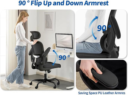 TRALT Ergonomic Office Chair - Desk Chair with Adjustable Headrest Lumbar Support Computer Chair - Mesh Comfy Chair with Flip-up Armrests - Gaming Chair for Adults Home Office PU, Black, Pack of 6