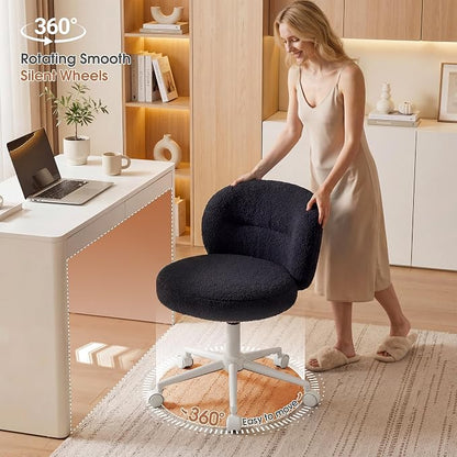 Homkdom Small Round Desk Chair, Armless Vanity Chair with Wheels, Height Adjustable & 360° Swivel, Cute Comfy Vanity Computer Chair for Bedroom, Home Office, Black