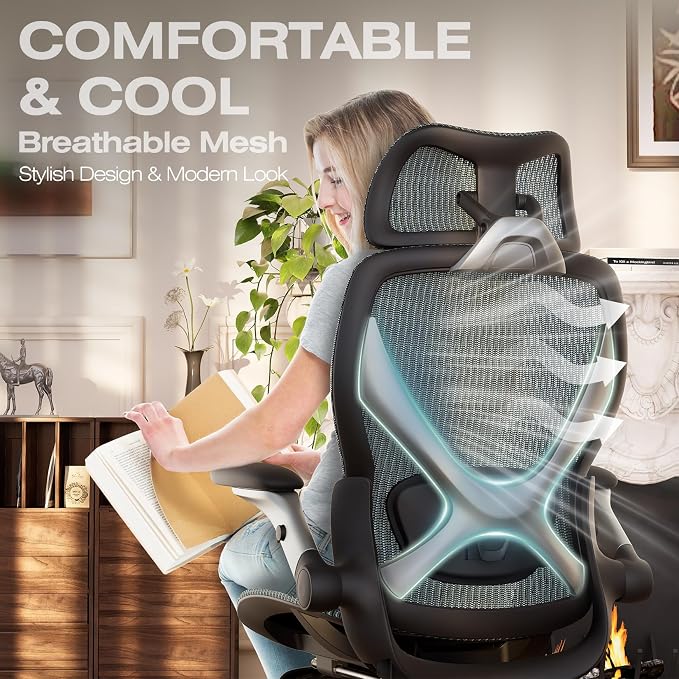 ELABEST X100 Ergonomic Mesh Office Chair with Footrest, Big and Tall Hone Desk Chair with 5D Flip-Up Arms, Adjustable 3D Lumbar Support,Gaming & Executive Computer Chairs for Long Hours (Dusty Sage)
