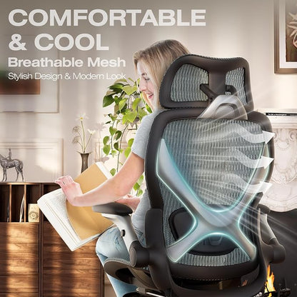 ELABEST X100 Ergonomic Mesh Office Chair with Footrest, Big and Tall Hone Desk Chair with 5D Flip-Up Arms, Adjustable 3D Lumbar Support,Gaming & Executive Computer Chairs for Long Hours (Dusty Sage)