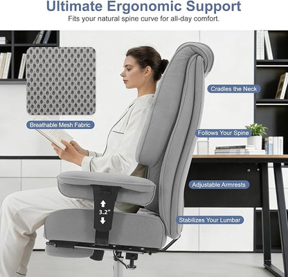 EXCEBET Big and Tall Office Chair 400lbs Wide Seat, Leather High Back Executive Office Chair with Foot Rest, Ergonomic Chairs Lumbar Support for Lower Back Pain Relief (Mesh Dove Grey)