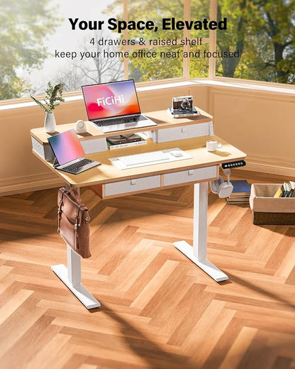 FiCiHi Electric Standing Desk with Four Drawers, 40 x 24 Inch Adjustable Height Sit Stand Desk, C-Clamp Compatible Home Office Desk with Storage Shelf & Monitor Stand Riser, Maple