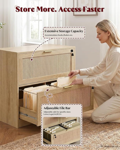HOPUBUY 2 Drawer File Cabinet with Lock Set of 2, Printer Stand Lateral Filing Cabinets for Home Office and School, Wood Rattan File Cabinet for Hanging Files/Letter/Legal/A4/F4 Size, Natural Wood