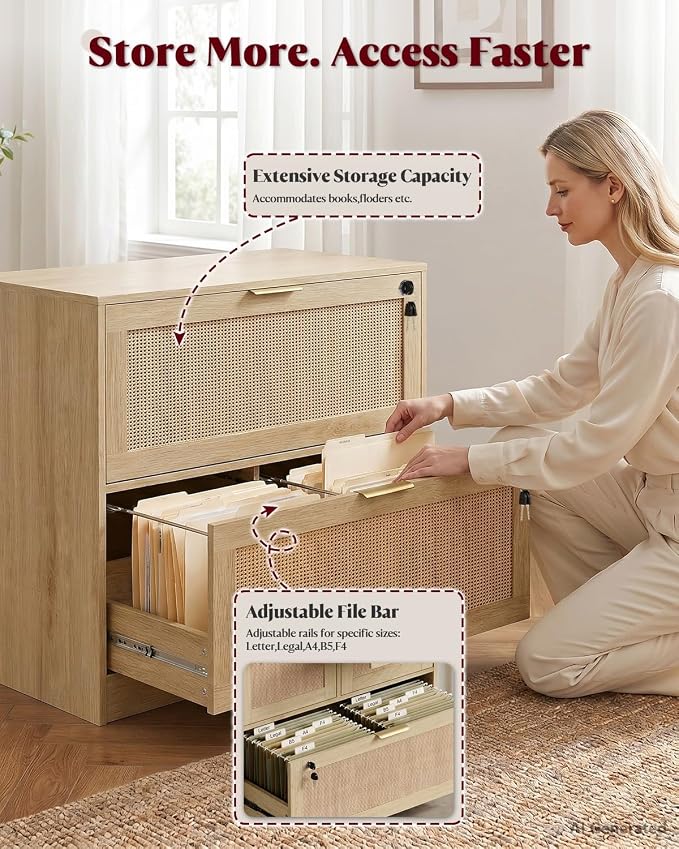 HOPUBUY 2 Drawer File Cabinet with Lock, Printer Stand Lateral Filing Cabinets for Home Office and School, Wood Rattan File Cabinet for Hanging Files/Letter/Legal/A4/F4 Size, Natural Wood