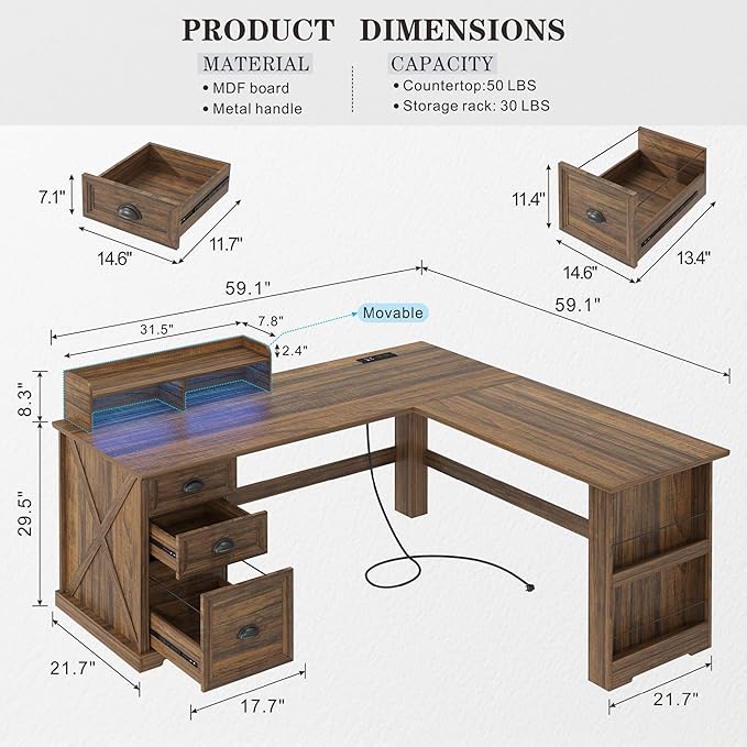 Lareth L Shaped Desk with Monitor Stand Farmhouse Computer Desk with LED Lights, Executive L Corner Desk with Power Outlets, Home Office Desk with Storage File Drawers for Home Working Gaming, Walnut