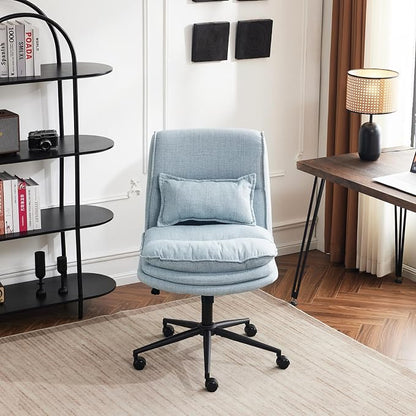 VINGLI Cloud Criss Cross Legged Chair,18" High Back Armless Home Office Desk Chair with Wheels,Wide Adjustable Comfy Padded Seat Task Computer Chair,Modern Swivel Makeup Vanity Chair,Fabric,Blue