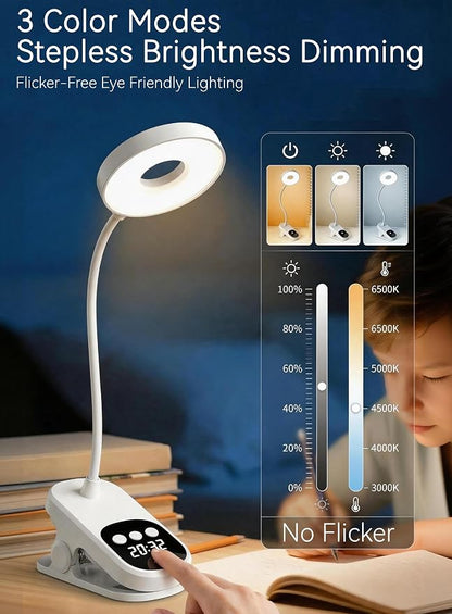 Clip On LED Desk Lamp Wireless, 6000mAh Rechargeable Eye-Caring Bedside Reading Light with Clock & Timer, 3 Color Temperatures 360° Rotatable for Dorm Room, Bed Headboard, Home, Office, Camping