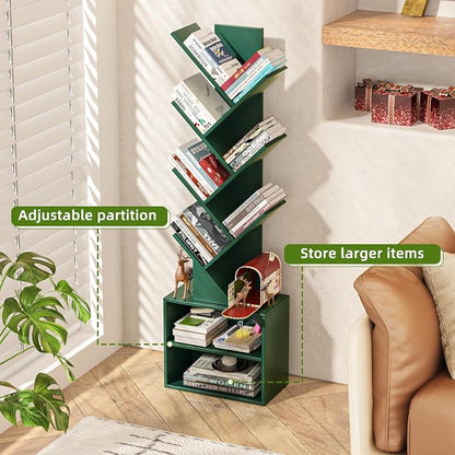 SHEEPAM 10 Tier Tree Bookshelf,Christmas Green Bookcase for Narrow Space, Storage Organizer Floor Standing Bookshelves for Books, Tall Book Case for Home Office, Living Room, Bedroom