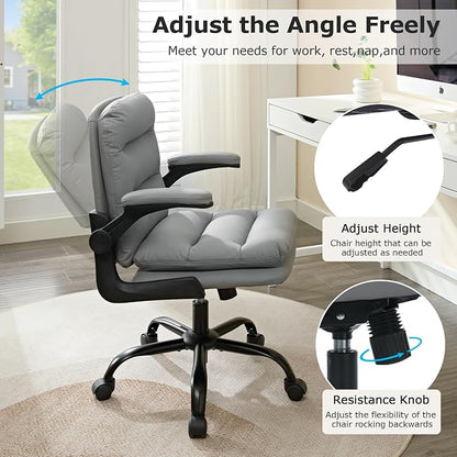 VECELO Ergonomic Swivel Office Desk Chair with Flip-up Armrest and Adjustable Height, Lumbar Support & PU Leather Thickened Cushion, for Computer Task Work, Gray