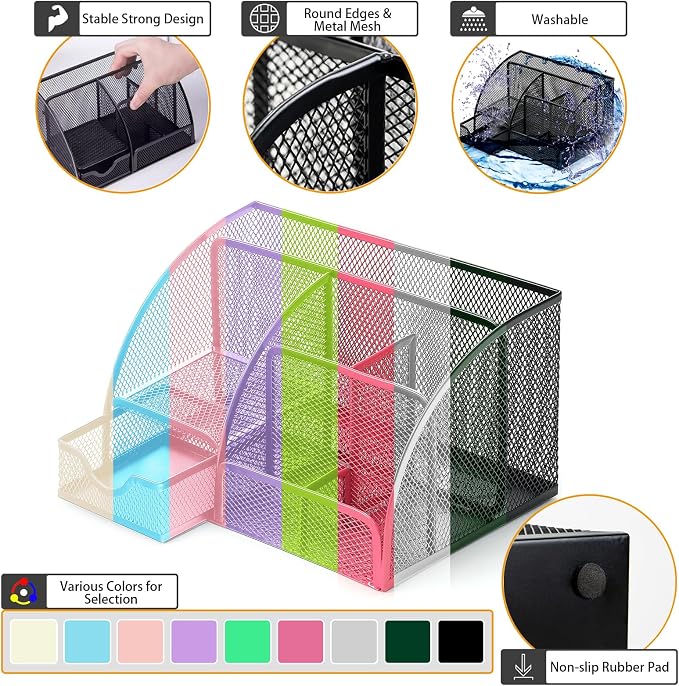 Boutilon Mesh Desk Organizer Desktop Office Supplies Stationary Organizer with 6 Compartments and 1 Drawer Multi-Functional Caddy Pen Holder for Home Office School Desk Decor(Dark Green)