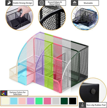 Boutilon Mesh Desk Organizer Desktop Office Supplies Stationary Organizer with 6 Compartments and 1 Drawer Multi-Functional Caddy Pen Holder for Home Office School Desk Decor(Pale Purple)