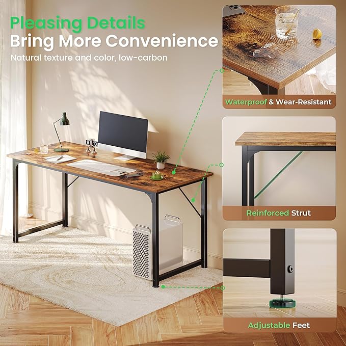Huuger Computer Desk, 55 Inch Home Office Desk, Gaming Writing Work from Home Study Desk, Large Legroom, Sturdy Metal Frame, Modern Simple, Rustic Brown