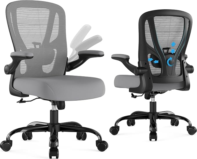 Office Chair Ergonomic Desk Chair - Mesh Computer Chair Breathable Task Chair with Wheels Adjustable Lumbar Support Home Desk Office Chairs with Flip up Armrest Executive Rolling Swivel Gray