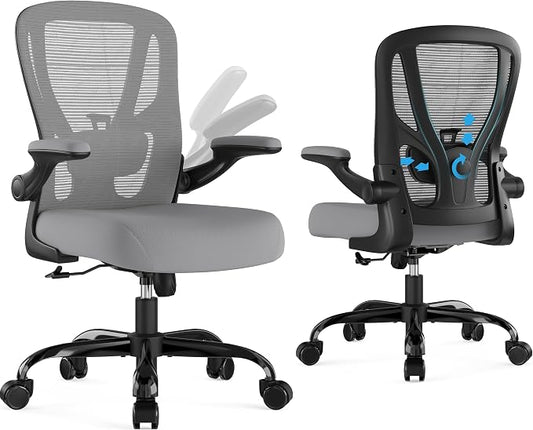 Office Chair Ergonomic Desk Chair - Mesh Computer Chair Breathable Task Chair with Wheels Adjustable Lumbar Support Home Desk Office Chairs with Flip up Armrest Executive Rolling Swivel Gray