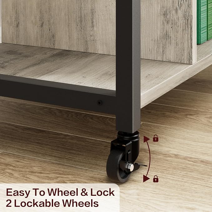 GAOMON Under Desk Printer Stand with Charging Station, Industrial Printer Table with 3 Storage Shelves, Mobile Heavy Duty Printer Cart with Lockable Wheels for Paper Storage, Home Office, Retro Gray