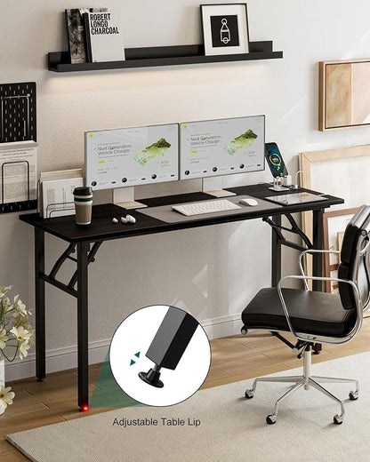 Frylr Small Folding Computer Desk – 55.1 Inch Portable Table for Craft and Study, Lightweight Desk for Small Spaces, Foldable Laptop Table Built-in AC/USB Outlets for Convenience, Dark Oak