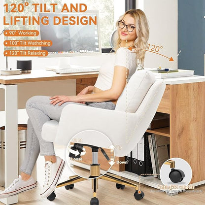 Flannel Office Chair Vanity Chair Comfy Home Office Desk Chairs with Lumbar Support, Modern Plush Fabric Desk Gold Legs Swivel Task for Home Office Bedroom Study White Upgraded Version
