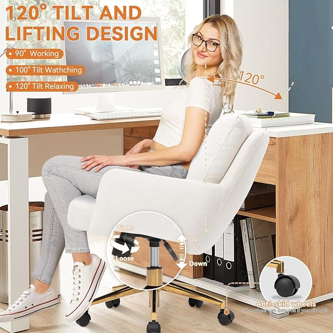 Flannel Office Chair, Comfy Home Office Desk Chairs with Lumbar Support, Modern Velvet Desk Chair Gold Legs Small Swivel Task Chair for Home Office, Bedroom, Study (Beige, L)