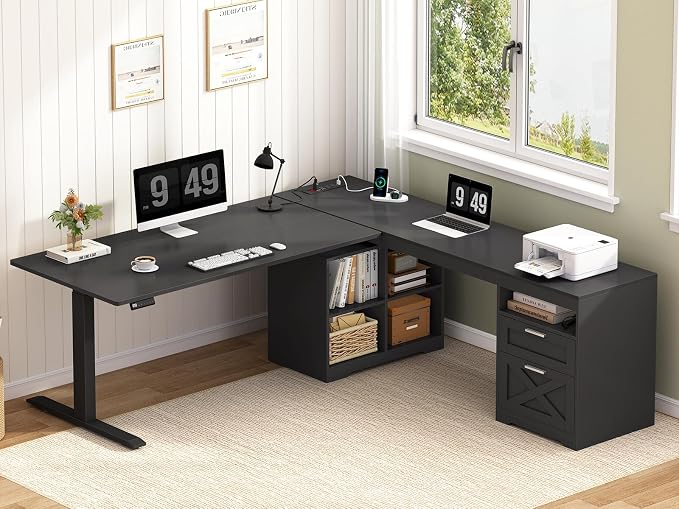 YOMILUVE Farmhouse L Shaped Standing Desk, 66 inch Corner Electric Standing Desk with Drawers ＆ Storage Shelves, Height Adjustable Computer Desk with Power Outlets for Home Office (Black)