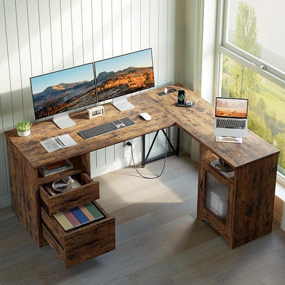 Bestier Farmhouse L Shaped Desk with Drawers, 63" x 47" Office Computer Desk with Charging Station & Fluted Storage Cabinet, Corner Desk with File Drawers, Modesty Panel for Home Office, Rustic Brown
